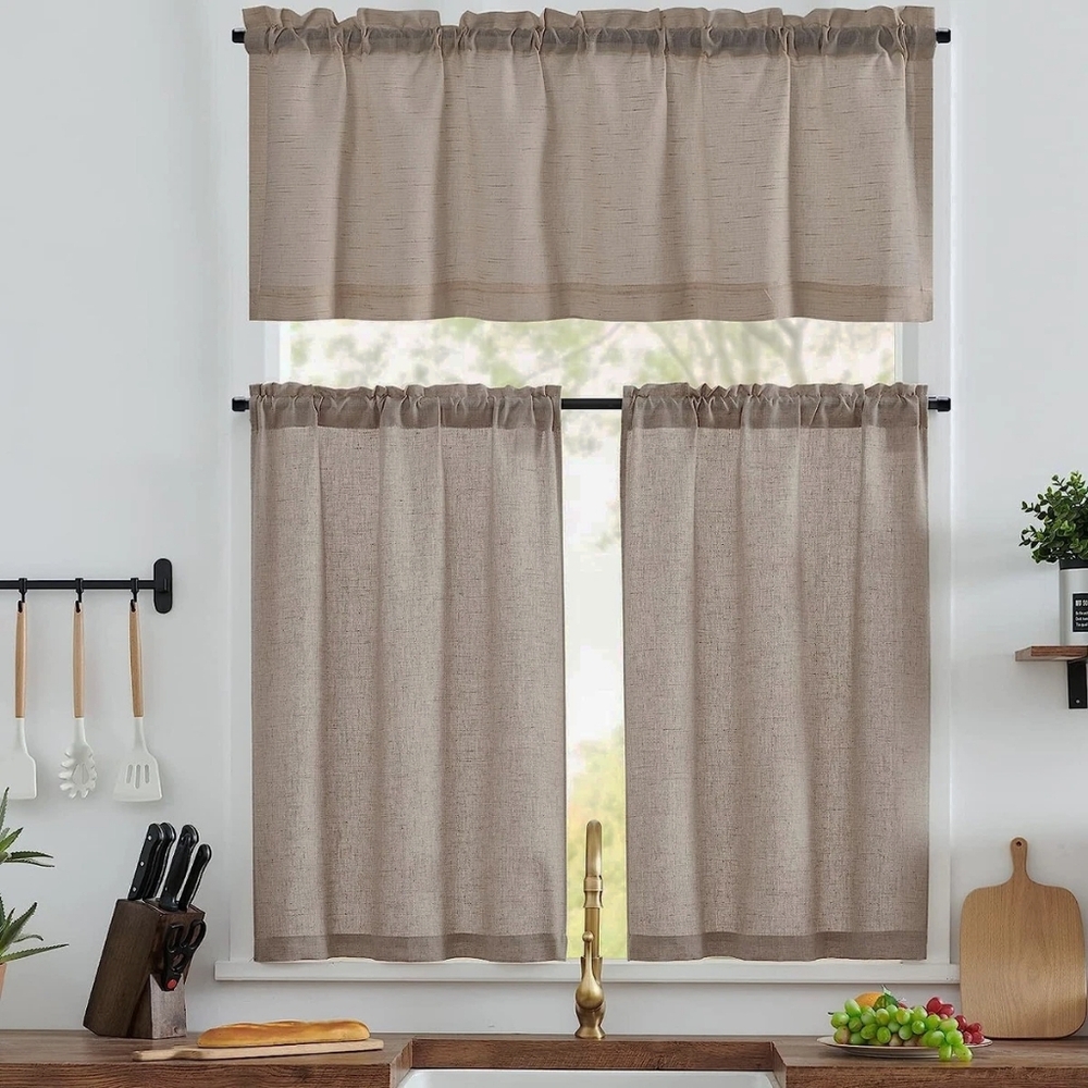 NEW Comfort Bay Window Textured Kitchen Curtains Valance 3 Piece Set Brown Linen